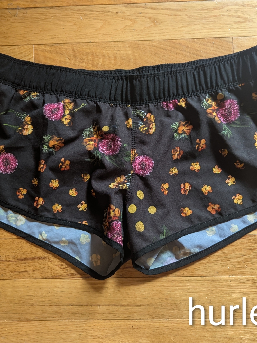 Hurley XL Black Floral Women's Swim Shorts with Pink & Yellow Print